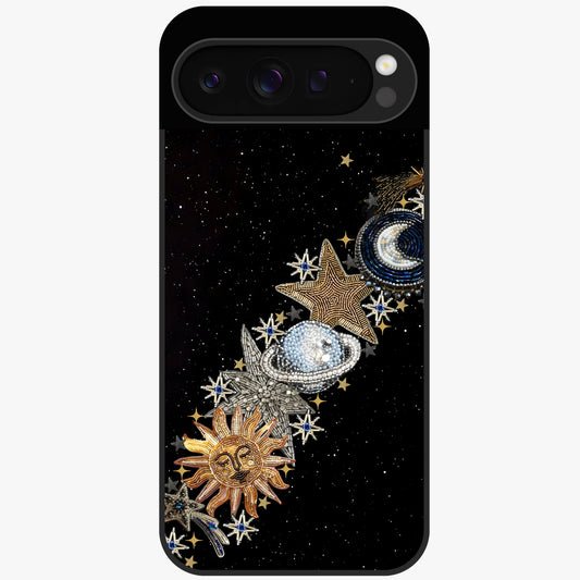 Pearls Universe Object Glass Case showing flat back view with pearl inspired cosmic artwork and glossy glass finish.