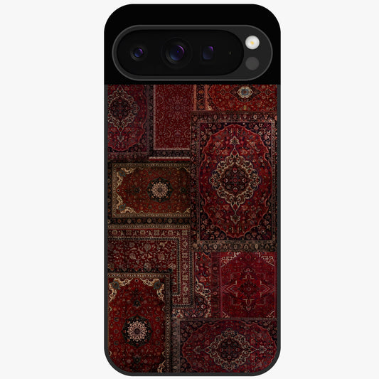 Persian Velvet Tale Glass Case showing flat back view with luxurious Persian velvet pattern artwork and glossy glass finish.