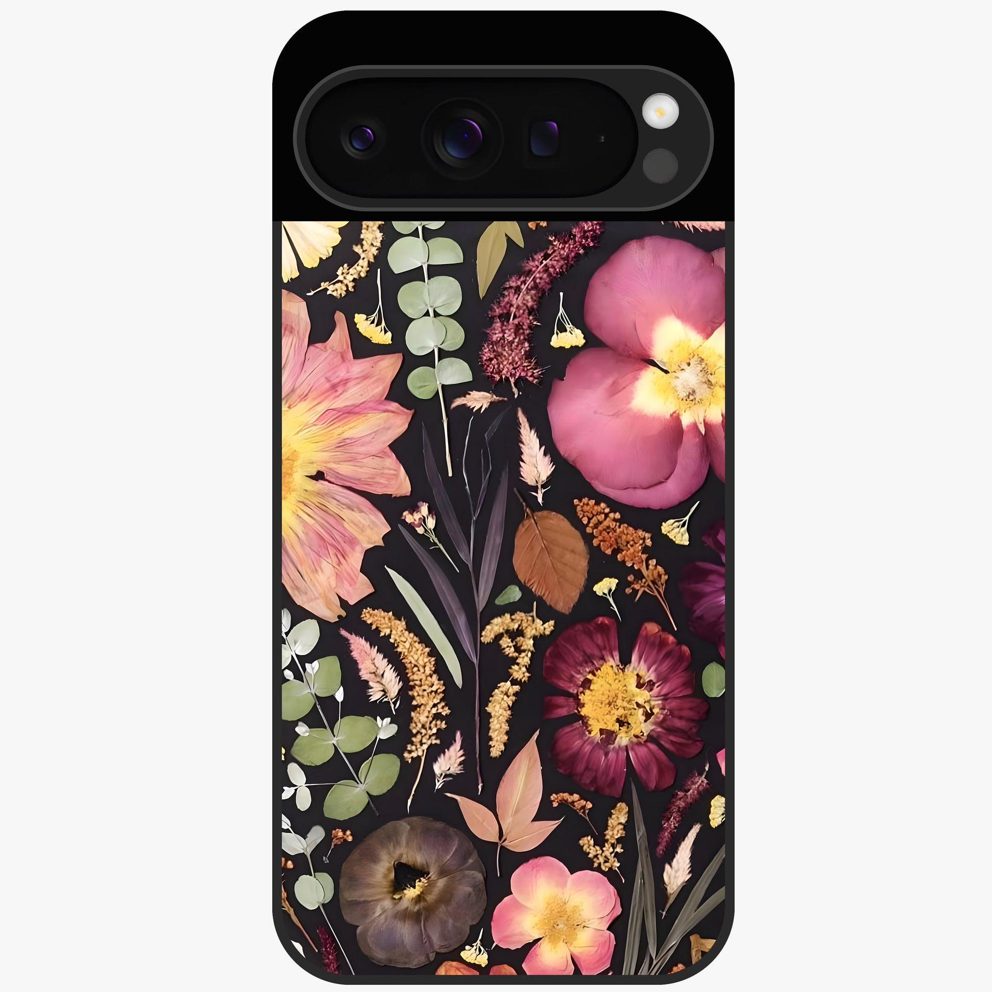 Petal Dream Tapestry Glass Case showing flat back view with intricate floral tapestry artwork and glossy glass finish.