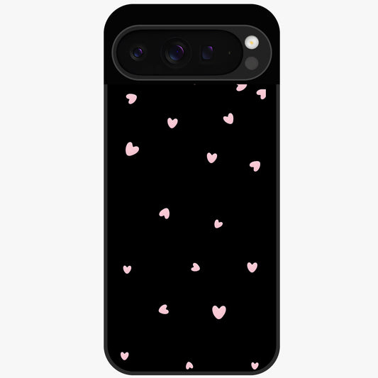 Pink Love Drops Glass Case showing flat back view with playful pink heart drops artwork and glossy glass finish.