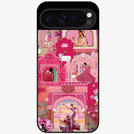 Pink Palace Muse Glass Case showing flat back view with elegant palace inspired artwork and glossy glass finish.