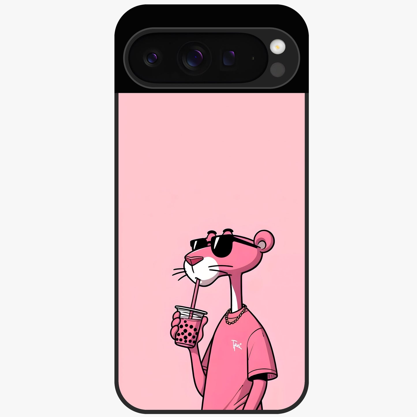 Pink Panther Glass Case showing flat back view with iconic pink panther artwork and glossy glass finish.
