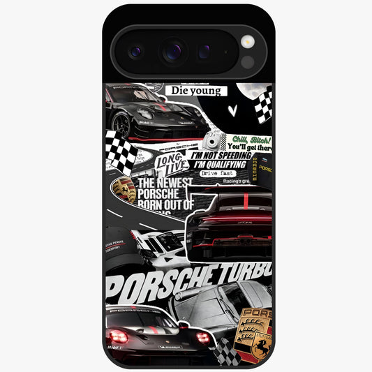 Porsche Racing Collage Glass Case showing flat back view with sports car racing collage artwork and glossy glass finish.