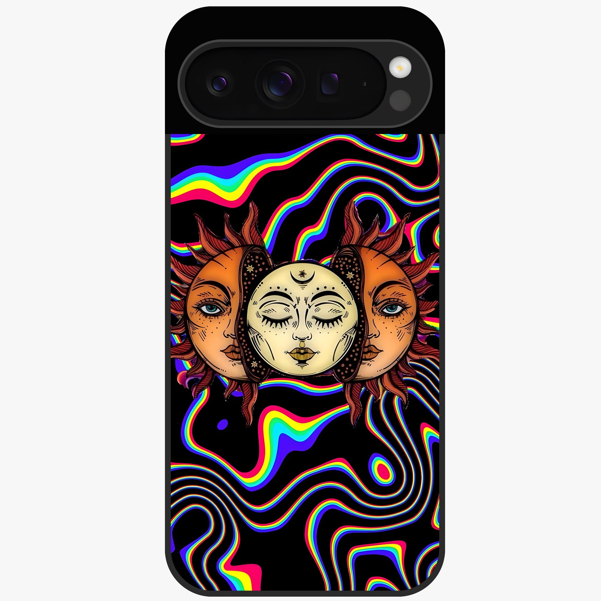 Psychedelic Sun Glass Case showing flat back view with colorful psychedelic sun artwork and glossy glass finish.