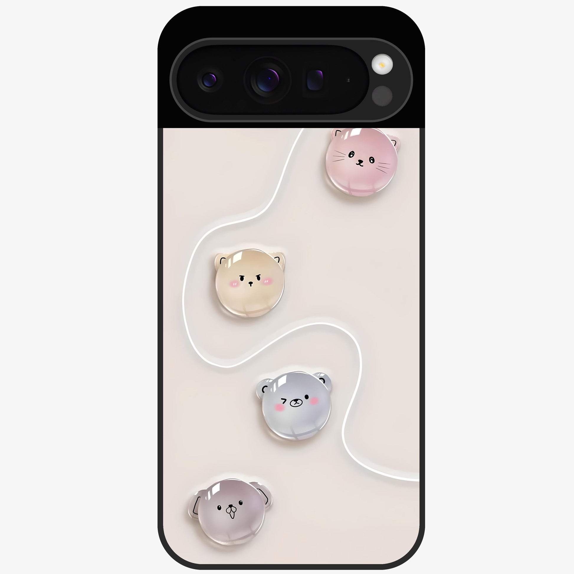 Puffy Face Parade Glass Case showing flat back view with cute puffy character faces artwork and glossy glass finish.