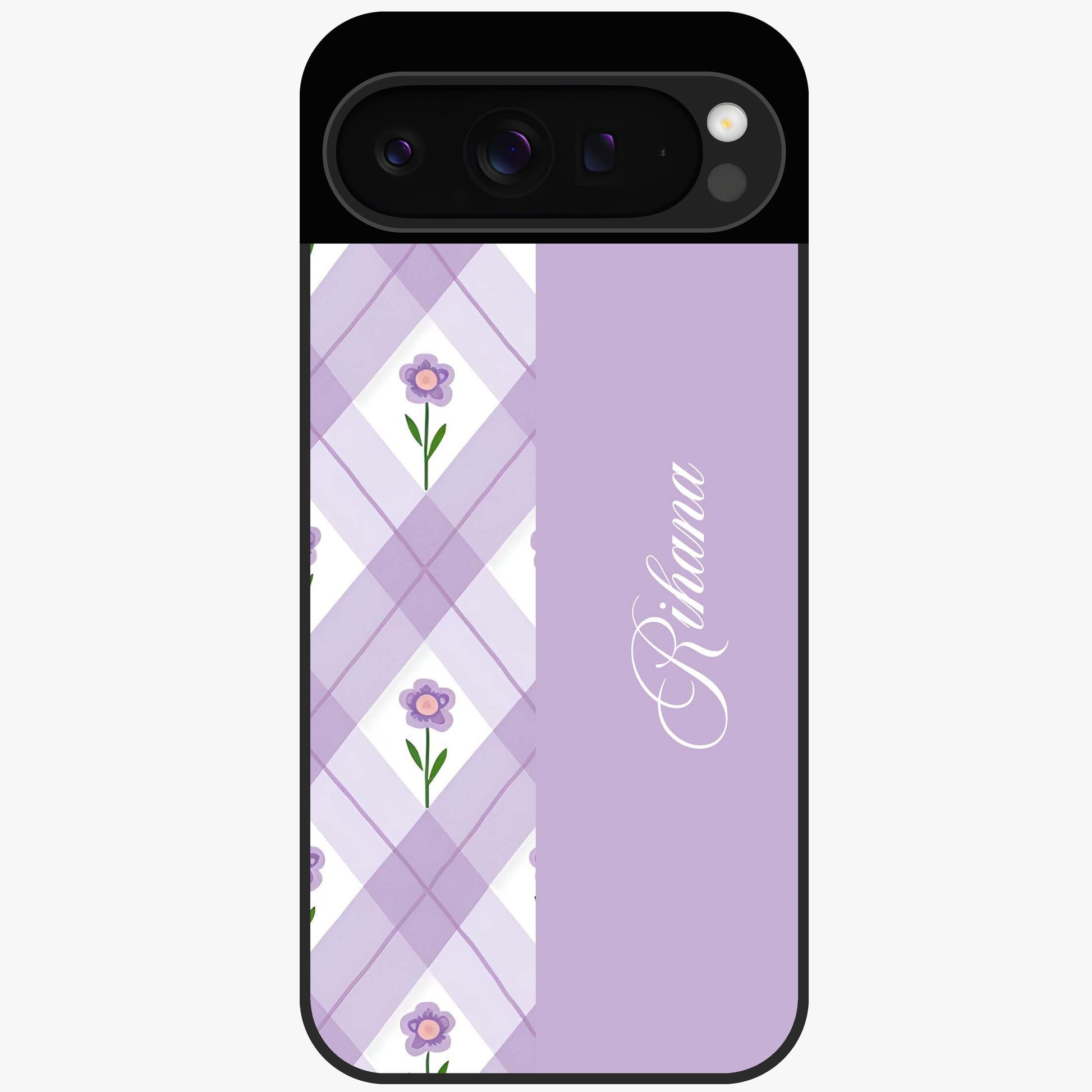 Purple Diamond Floral Glass Case showing flat back view with diamond shaped floral artwork and glossy glass finish.