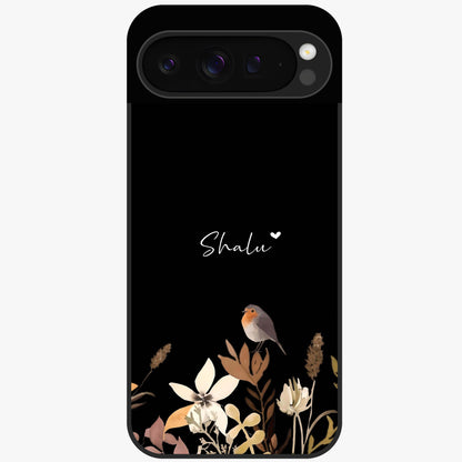 Quiet Garden Tune Custom Name Glass Case showing flat back view with peaceful garden artwork and personalized name design.