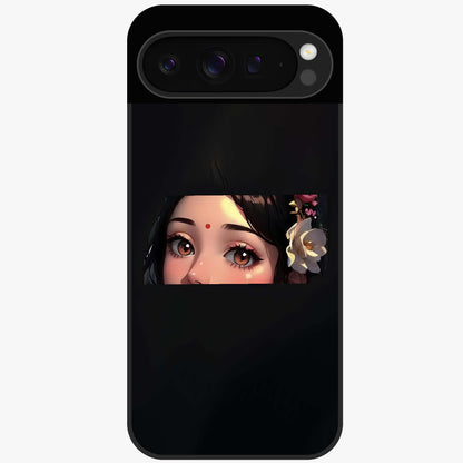 Radha Divine Embrace Glass Case showing flat back view with devotional Radha artwork and glossy glass finish.