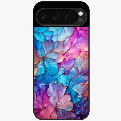 Radiant Floral Whirl Glass Case showing flat back view with swirling floral artwork and glossy glass finish.