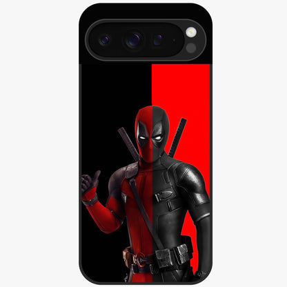 Red & Black Deadpool Theme Glass Case showing flat back view with bold comic inspired artwork and glossy glass finish.