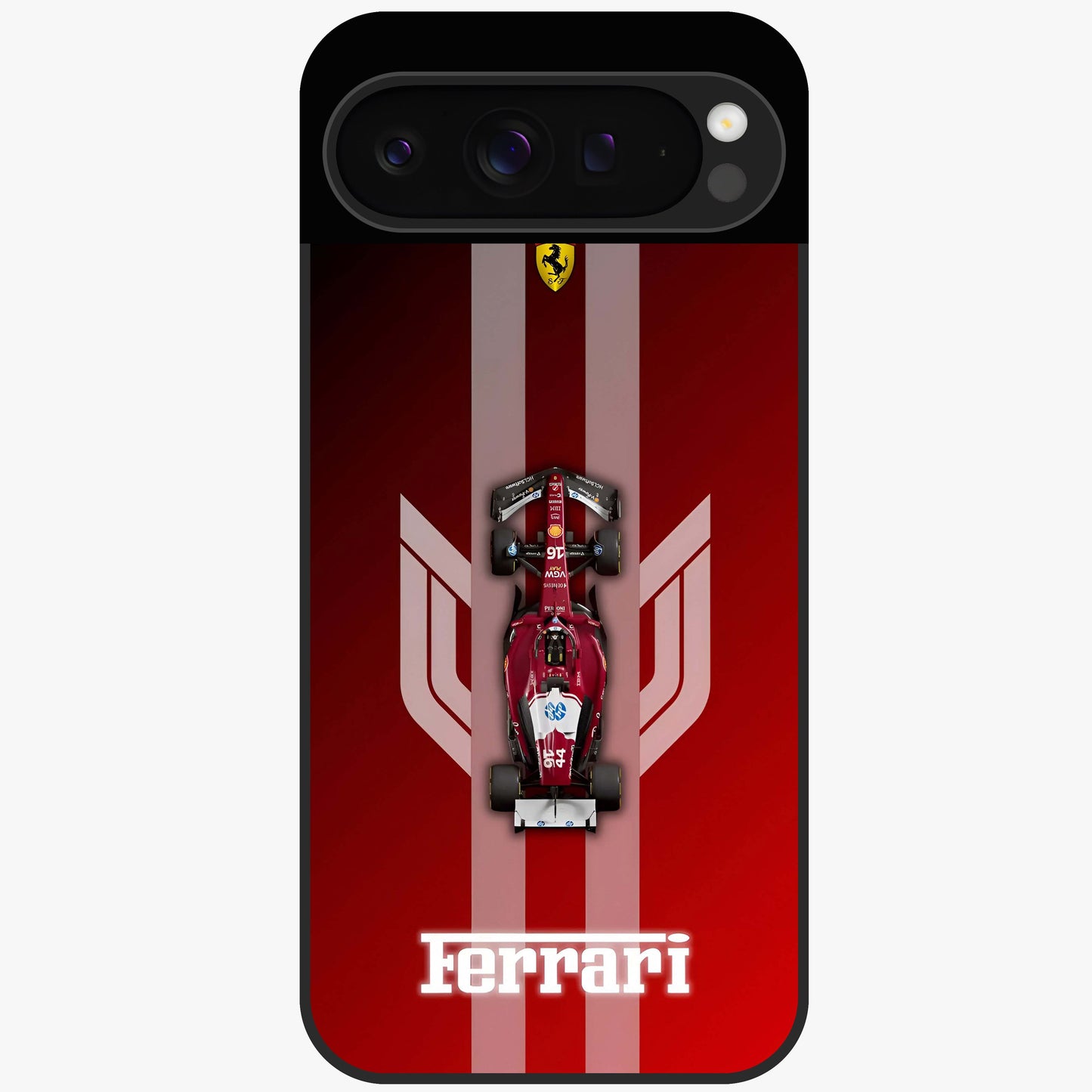 Red Ferrari F1 Vertical Glass Case showing flat back view with sleek Formula racing car artwork and glossy glass finish.
