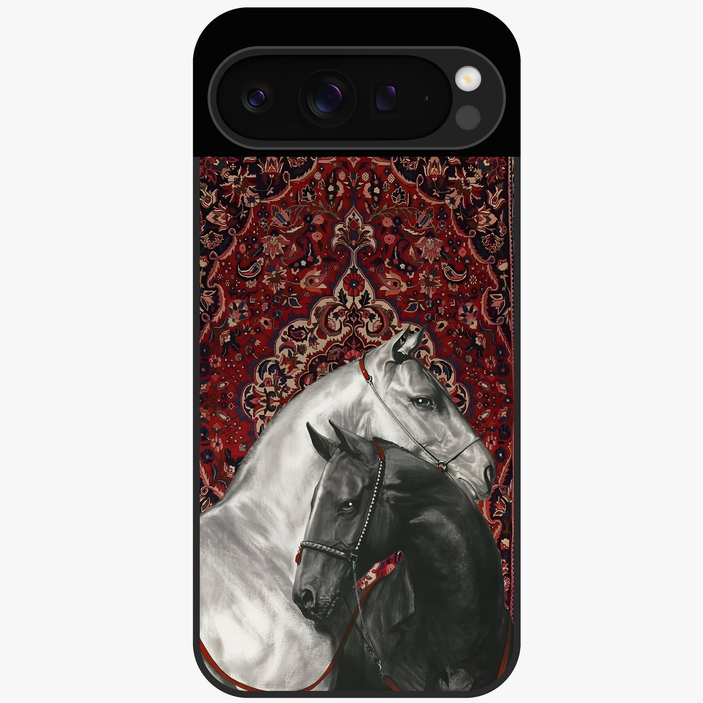 Regal Stallion Tapestry Glass Case showing flat back view with majestic horse tapestry artwork and glossy glass finish.
