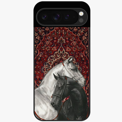 Regal Stallion Tapestry Glass Case showing flat back view with majestic horse tapestry artwork and glossy glass finish.