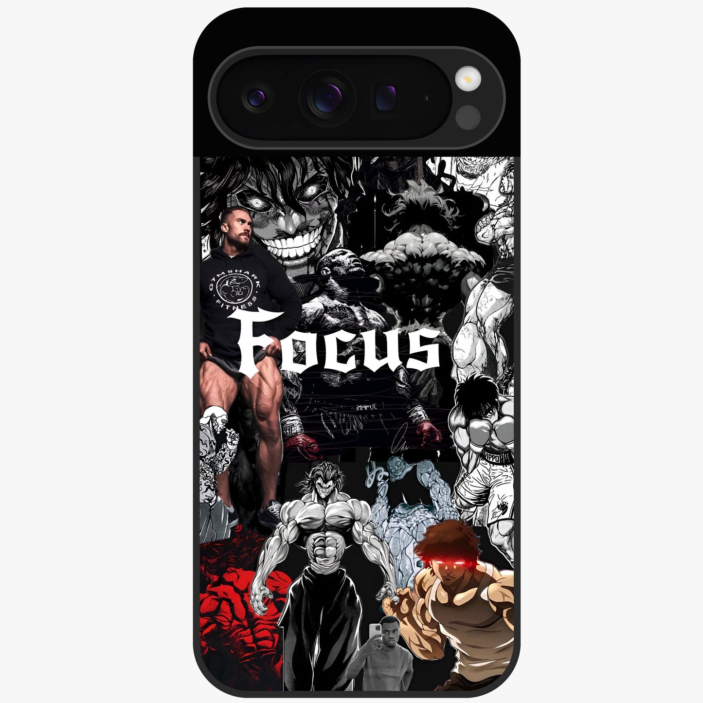Relentless Power Focus Glass Case showing flat back view with motivational typography artwork and glossy glass finish.