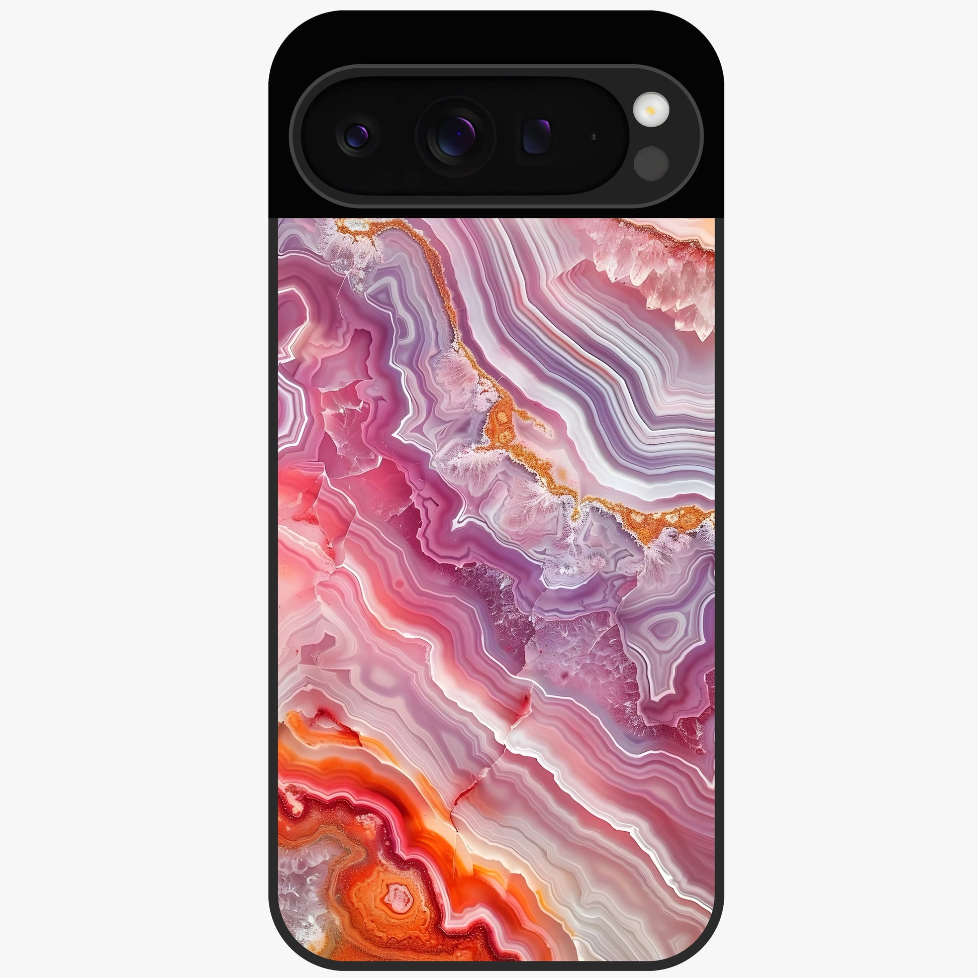Rose Quartz Marble Glass Case showing flat back view with pink marble quartz texture artwork and glossy glass finish.