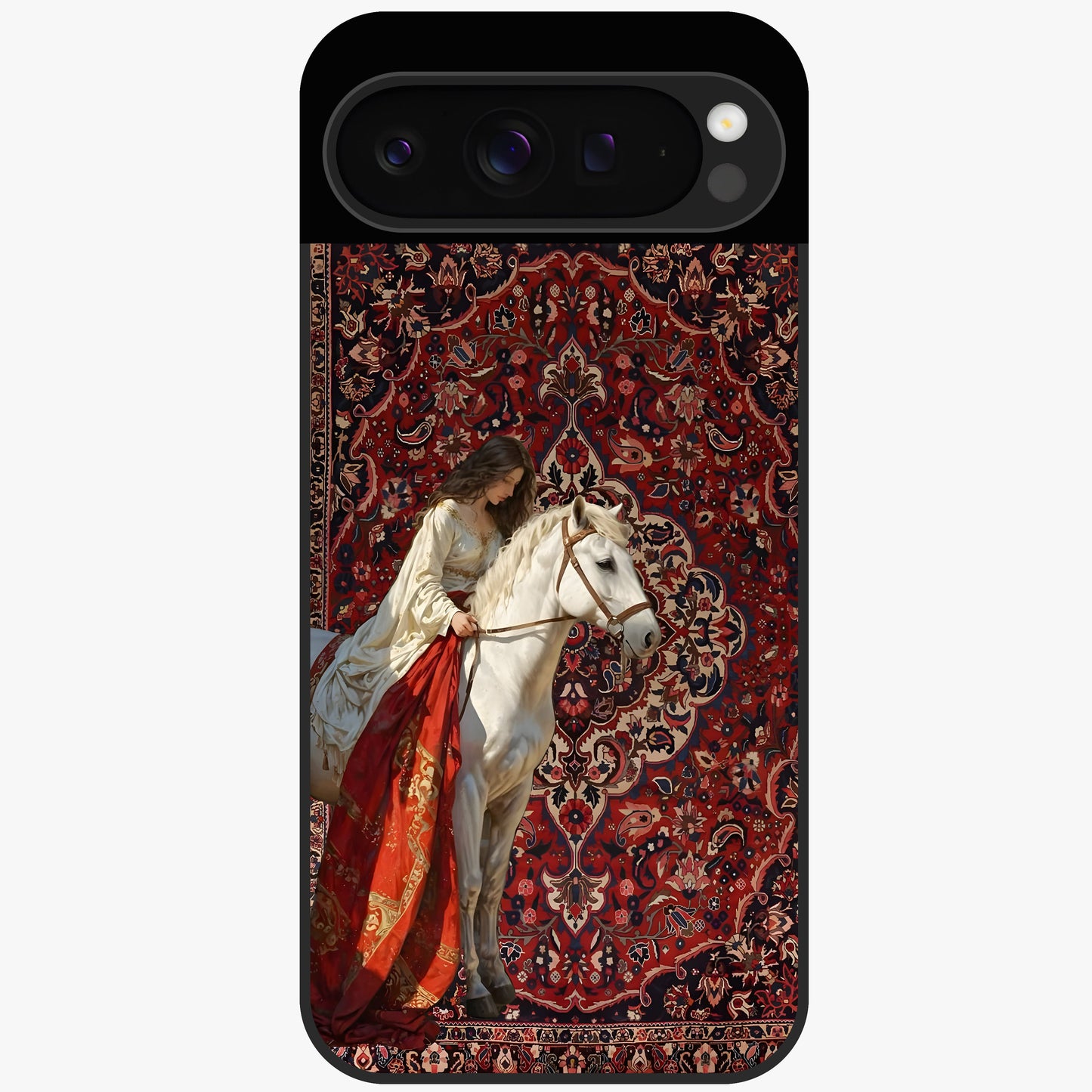 Royal Rider Tapestry Glass Case showing flat back view with majestic horse rider tapestry artwork and glossy glass finish.