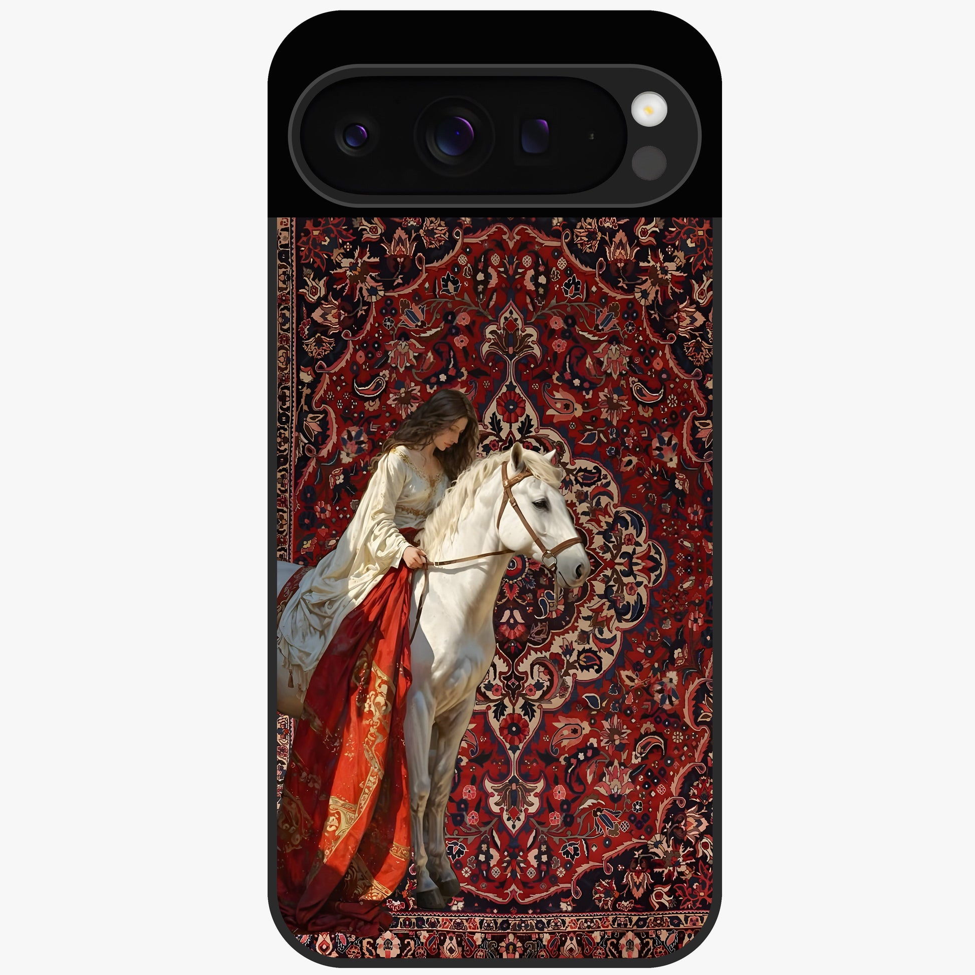 Royal Rider Tapestry Glass Case showing flat back view with majestic horse rider tapestry artwork and glossy glass finish.