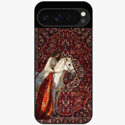 Royal Rider Tapestry Glass Case showing flat back view with majestic horse rider tapestry artwork and glossy glass finish.