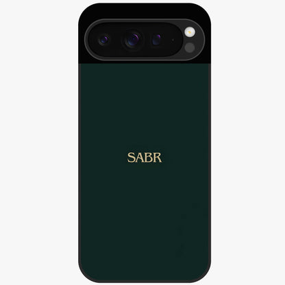 Sabr Minimal Patience Glass Case showing flat back view with minimalist typography artwork and glossy glass finish.