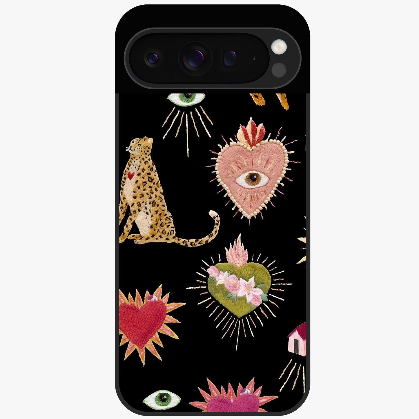 Sacred Jungle Heart Glass Case showing flat back view with jungle inspired heart artwork and glossy glass finish.