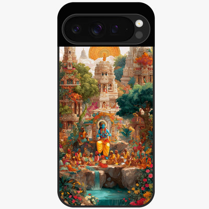 Sacred Sunlight Gods Glass Case showing flat back view with divine sunlight themed artwork and glossy glass finish.