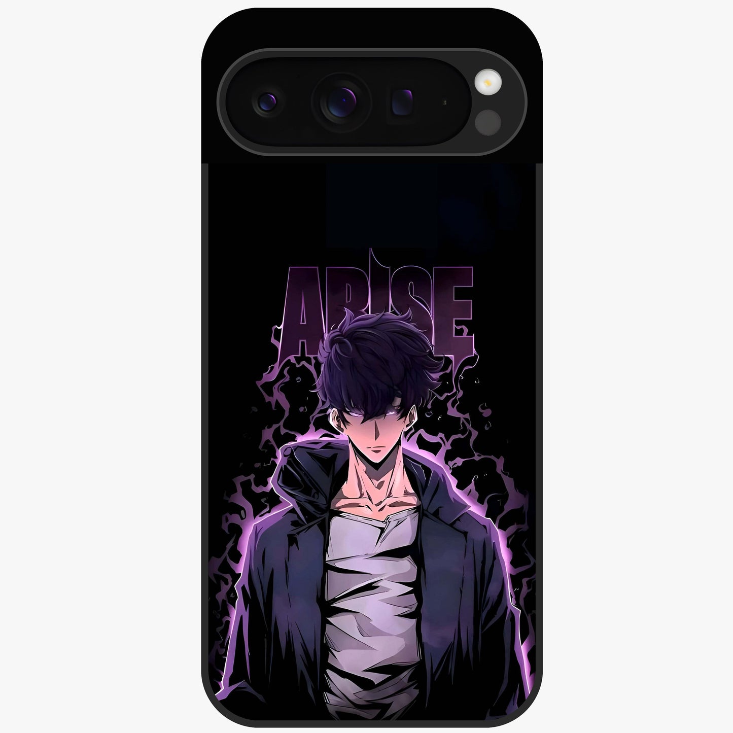 Shadow Monarch Awakening Glass Case showing flat back view with powerful dark monarch themed artwork and glossy glass finish.
