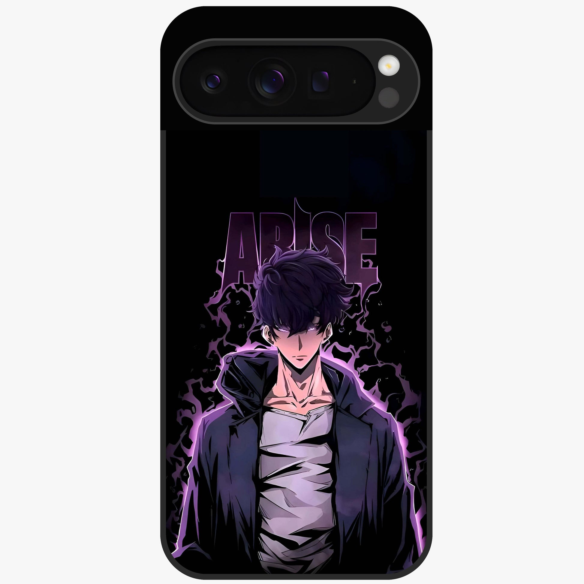 Shadow Monarch Awakening Glass Case showing flat back view with powerful dark monarch themed artwork and glossy glass finish.