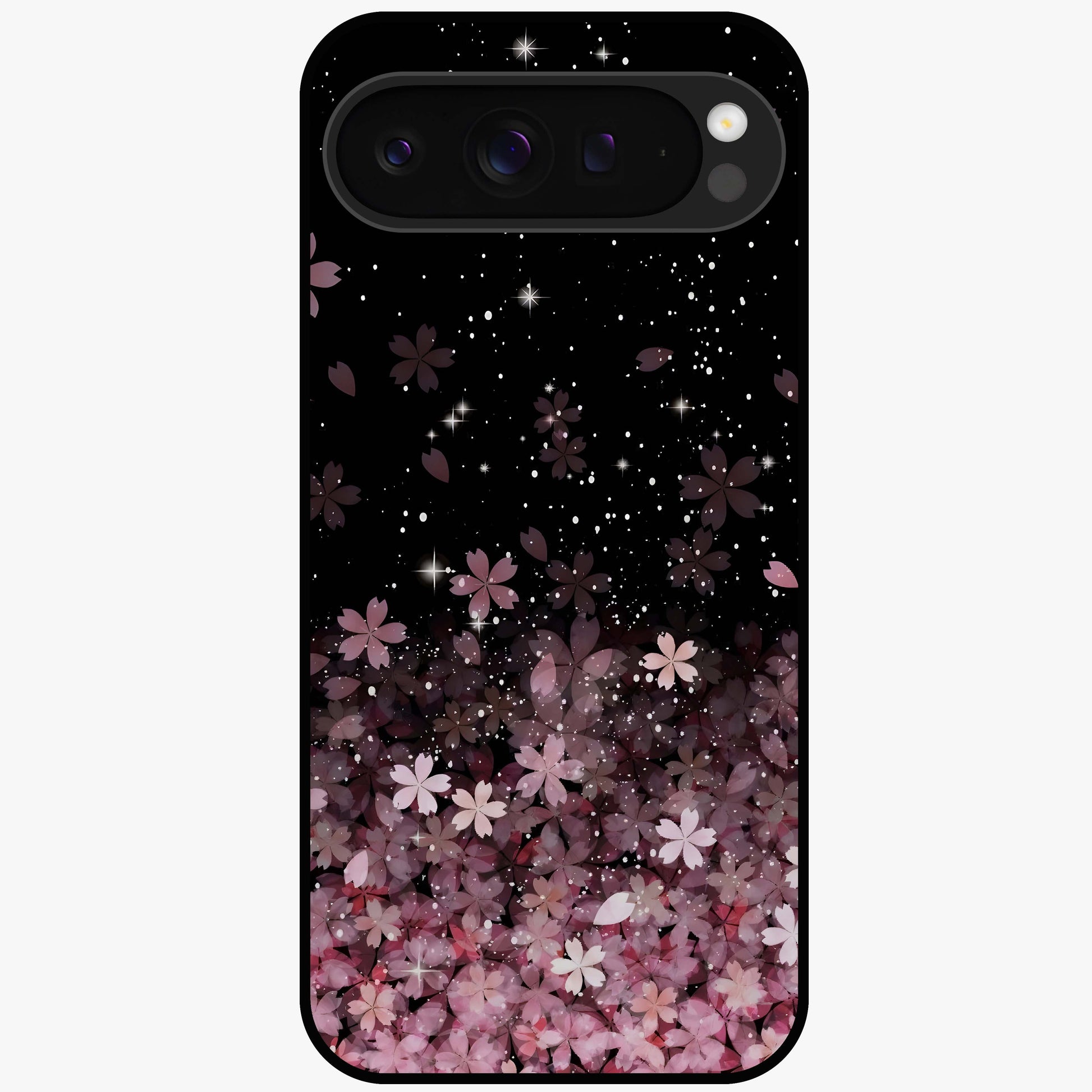 Small Starry Flowers Glass Case showing flat back view with delicate starry floral artwork and glossy glass finish.