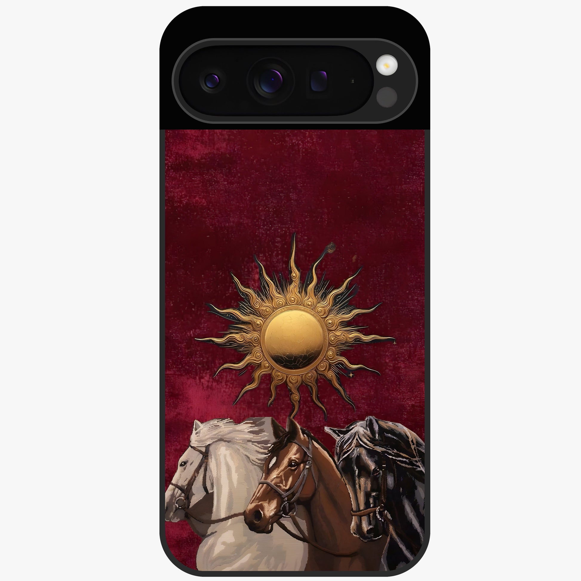 Solar Riders Glass Case showing flat back view with dynamic rider themed artwork and glossy glass finish.