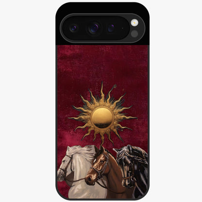 Solar Riders Glass Case showing flat back view with dynamic rider themed artwork and glossy glass finish.