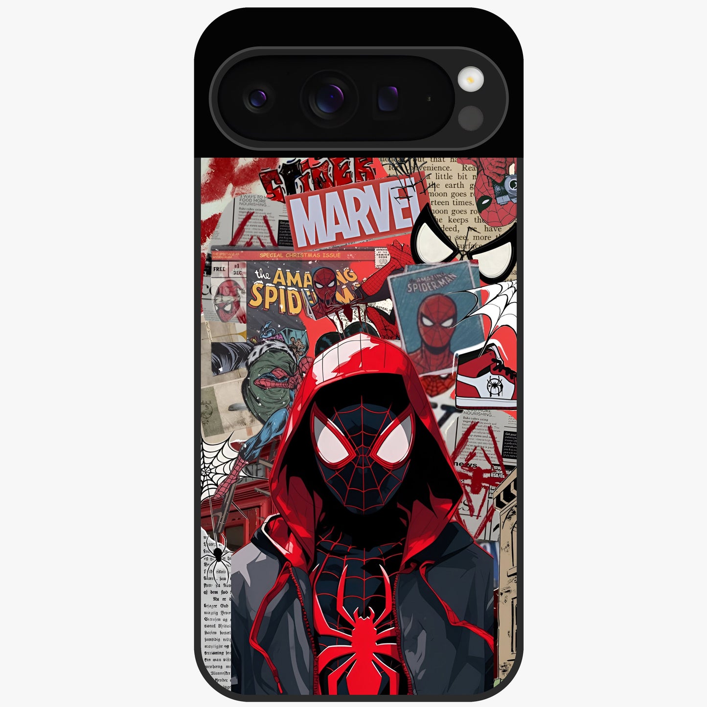 Spider Collage Street Glass Case showing flat back view with vibrant superhero collage artwork and glossy glass finish.