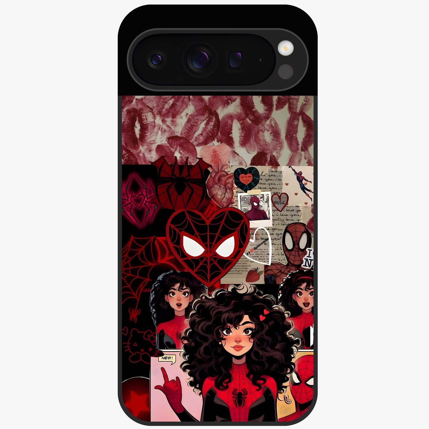 Spider Love Story Glass Case showing flat back view with romantic superhero themed artwork and glossy glass finish.