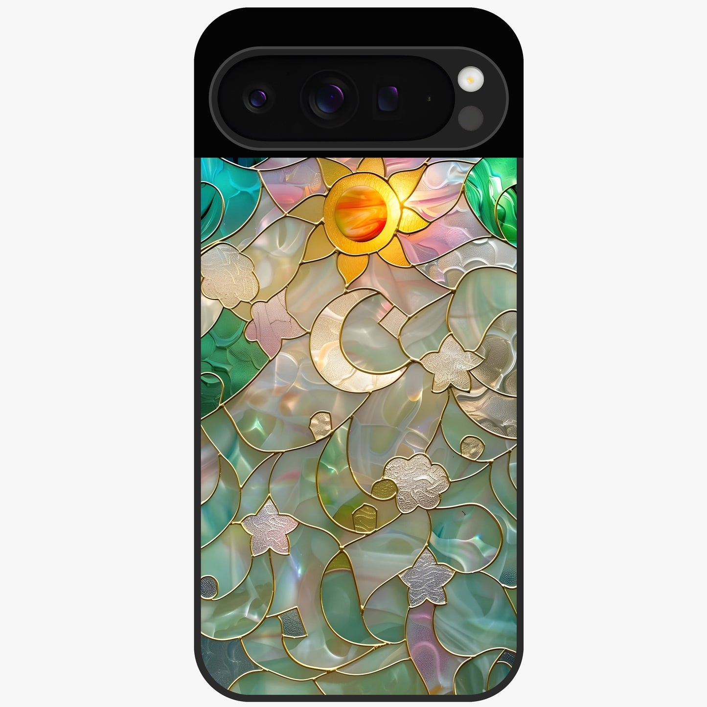 Stained Sunrise Glow Glass Case showing flat back view with glowing sunrise stained pattern artwork and glossy glass finish.