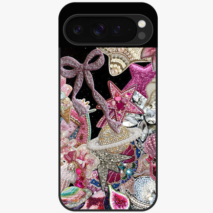 Starlit Jewel Dream Glass Case showing flat back view with sparkling jewel and star themed artwork and glossy glass finish.