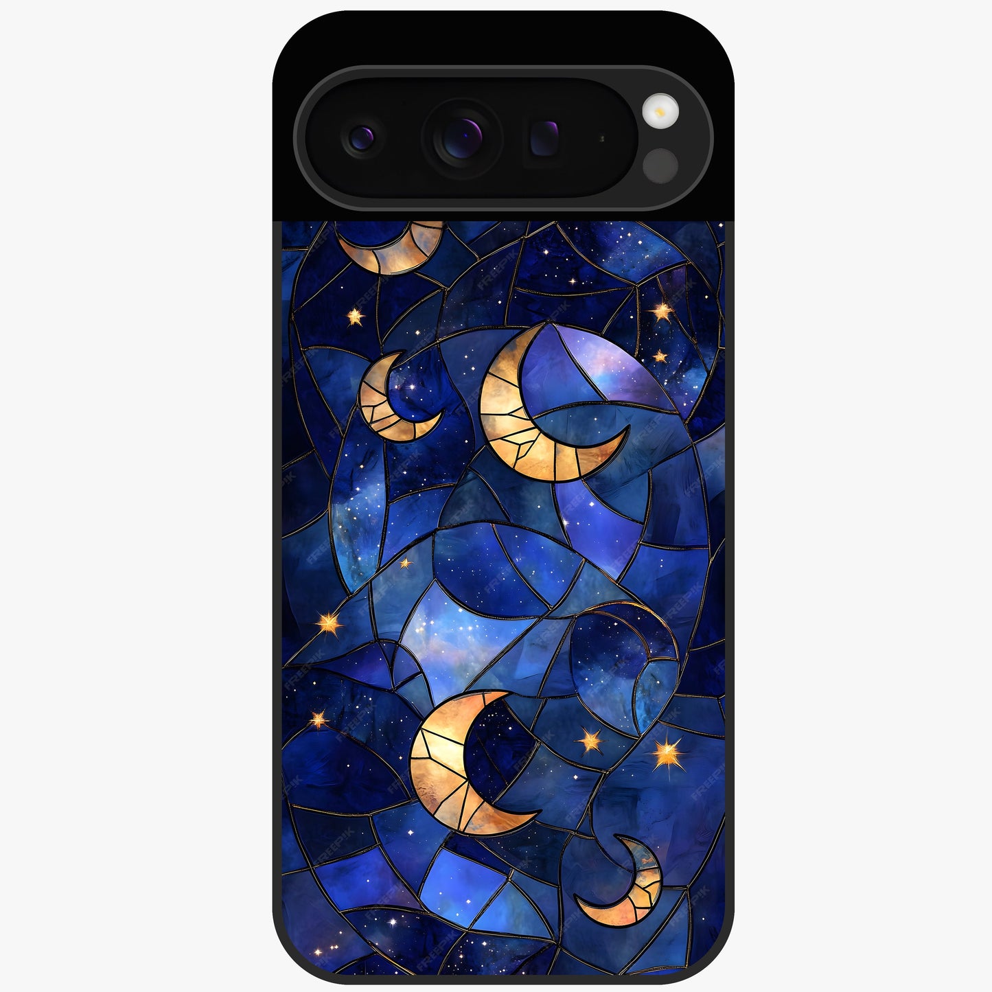 Starlit Sky Tapestry Glass Case showing flat back view with decorative starry sky tapestry artwork and glossy glass finish.