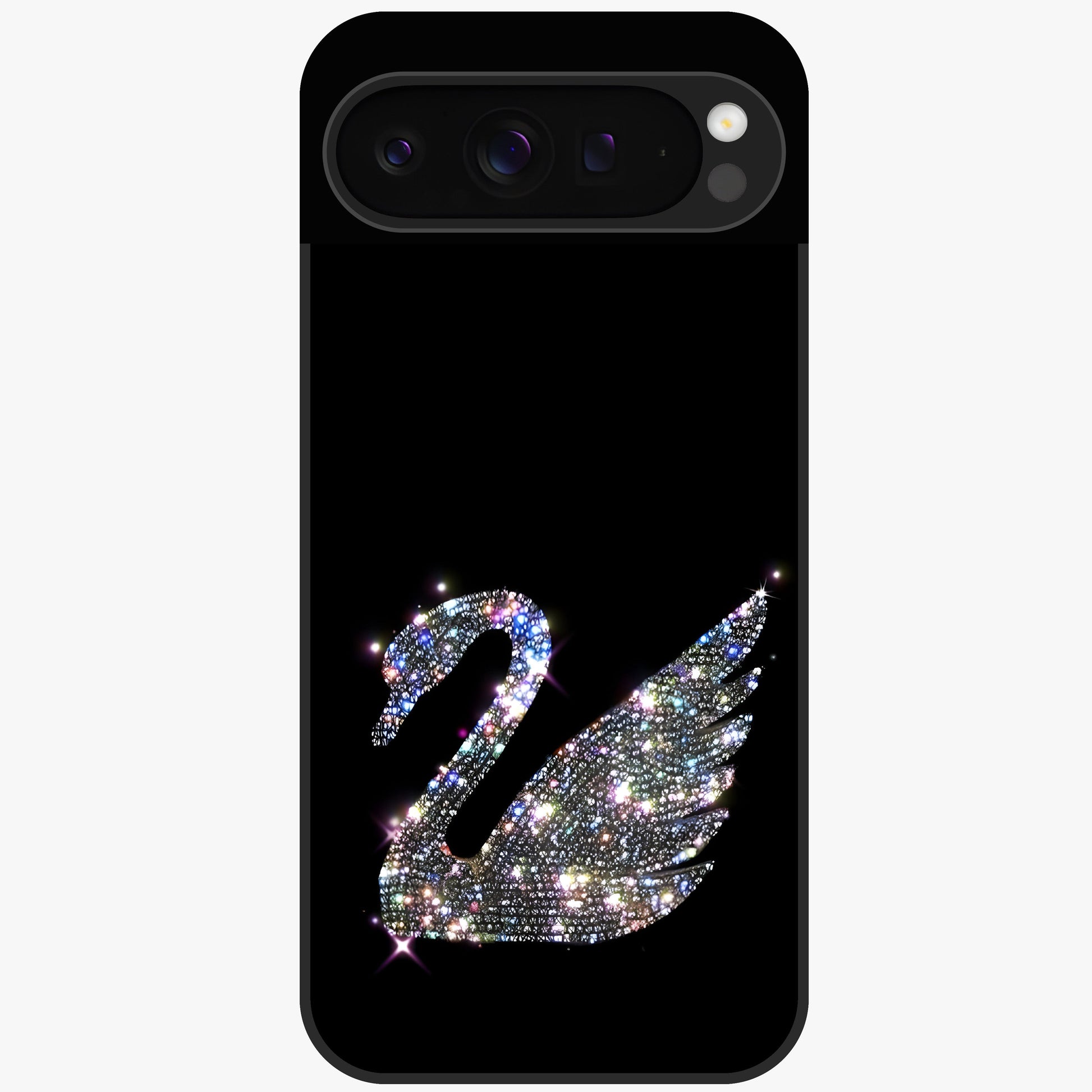 Starlit Swan Grace Glass Case showing flat back view with graceful swan artwork under starry sky and glossy glass finish.