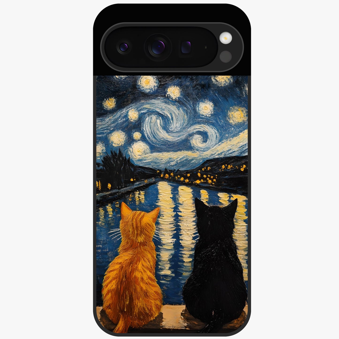 Starry River Cats Glass Case showing flat back view with cats by a starry river artwork and glossy glass finish.