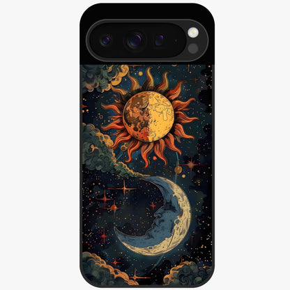 Sun And Moon Magic Design Glass Case showing flat back view with mystical sun and moon artwork and glossy glass finish.
