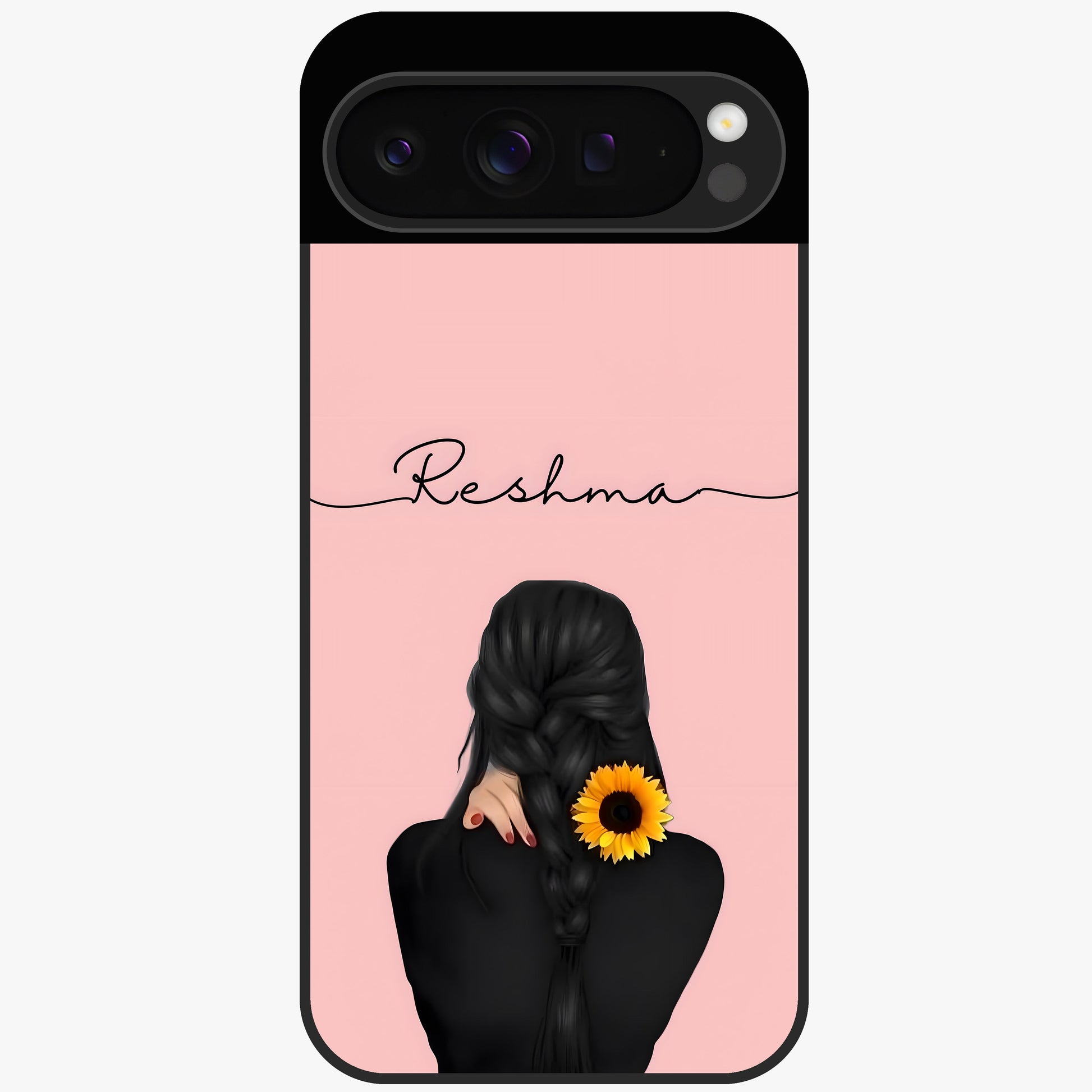 Sunflower Braid Beauty With Custom Name Glass Case showing flat back view with sunflower braid artwork and personalized name design.
