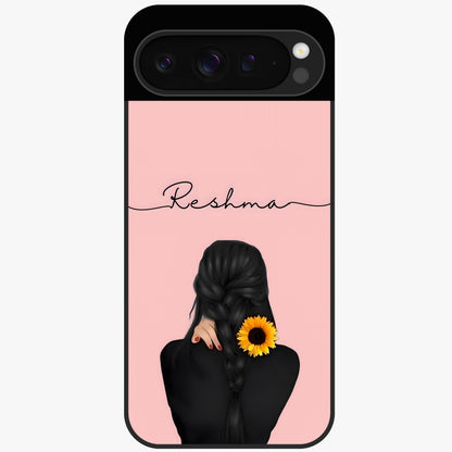 Sunflower Braid Beauty With Custom Name Glass Case showing flat back view with sunflower braid artwork and personalized name design.