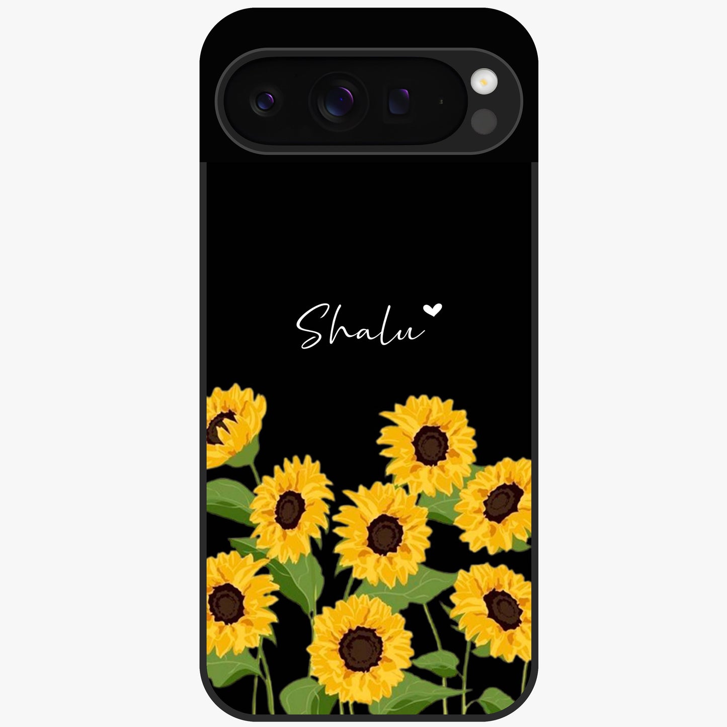 Sunflower Chic Mood Custom Name Glass Case showing flat back view with stylish sunflower artwork and personalized name design.