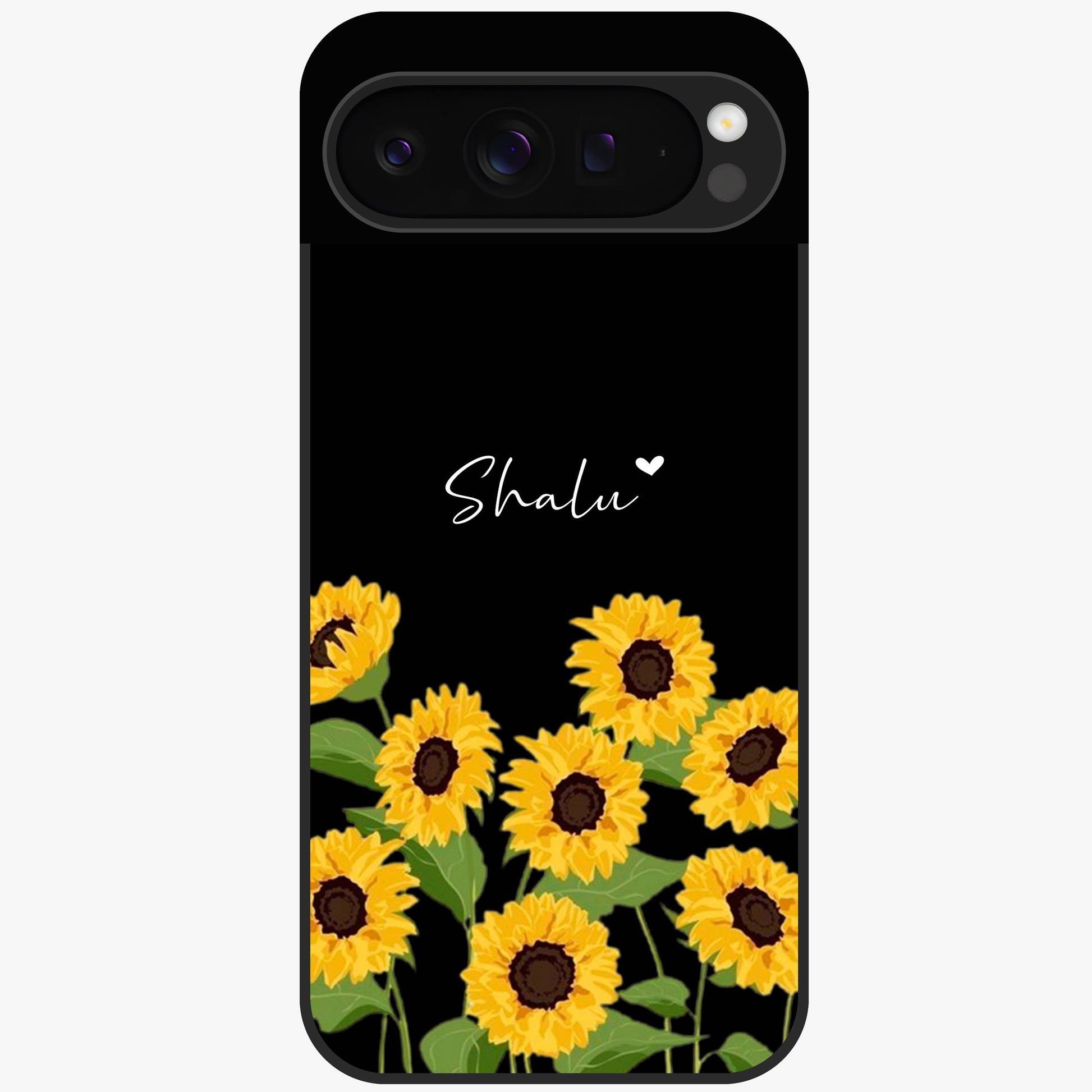 Sunflower Chic Mood Custom Name Glass Case showing flat back view with stylish sunflower artwork and personalized name design.
