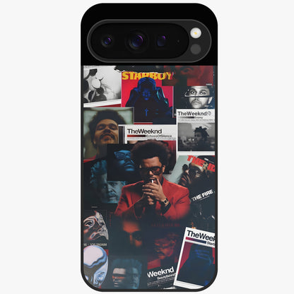 The Weeknd Glass Case showing flat back view with music inspired artistic portrait artwork and glossy glass finish.