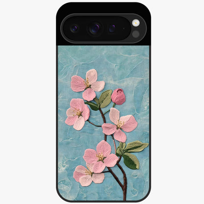 Threaded Blossom Breeze Glass Case showing flat back view with delicate blossom artwork and glossy glass finish.