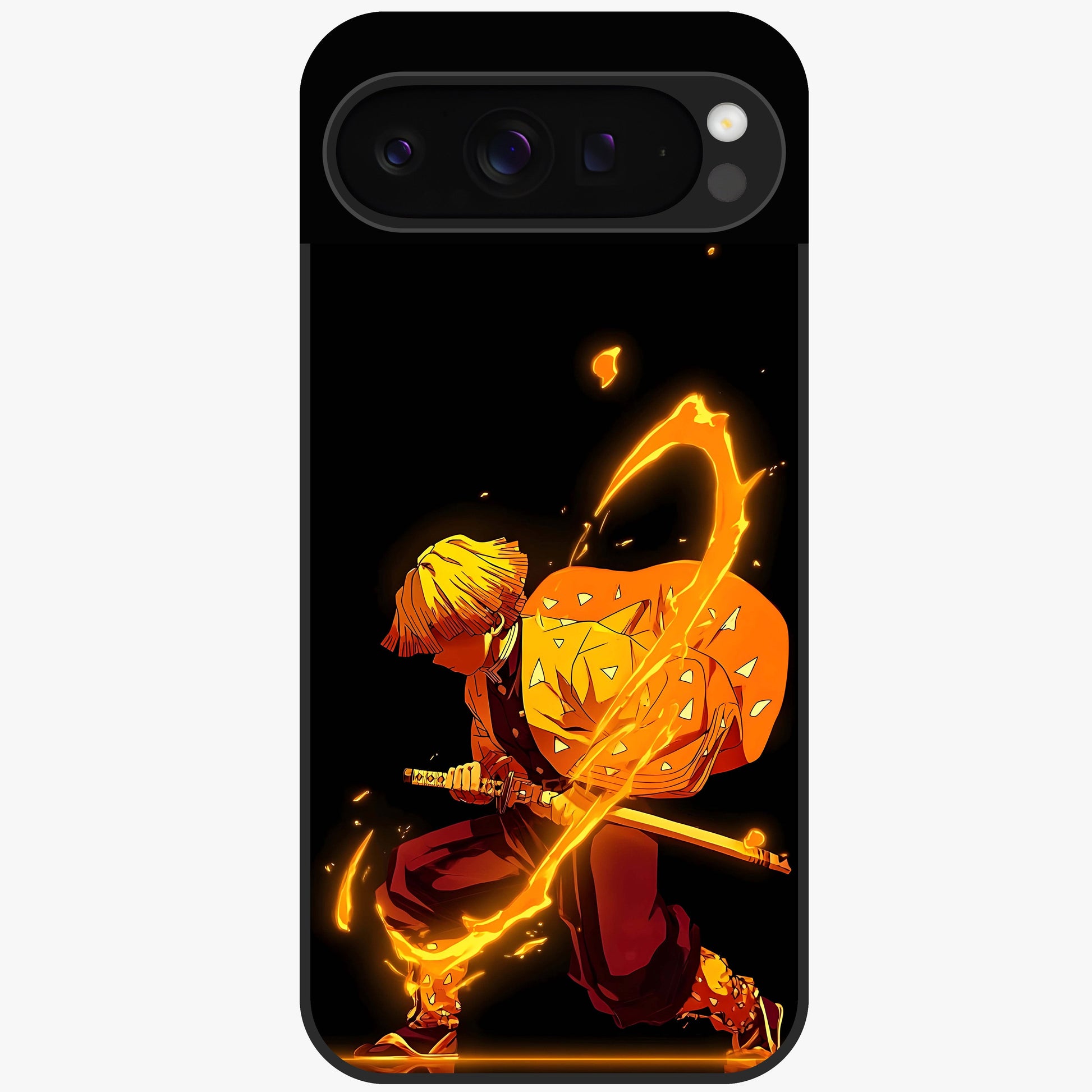 Thunder Flame Execution Glass Case showing flat back view with powerful flame and lightning artwork and glossy glass finish.