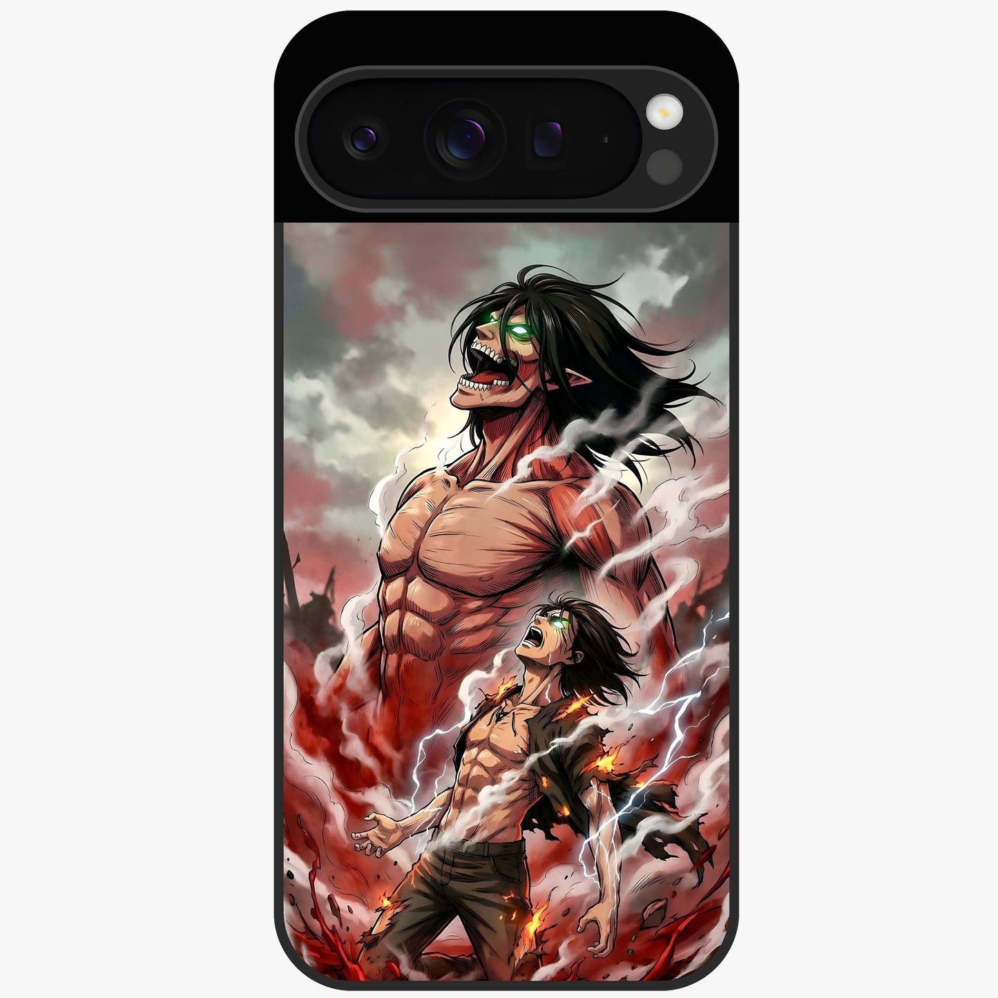 Titan Awakening Fury Glass Case showing flat back view with powerful titan inspired artwork and glossy glass finish.