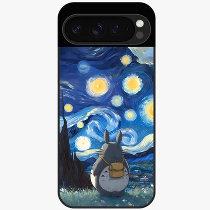 Totoro In Van Gogh Art Glass Case showing flat back view with whimsical character artwork inspired by Van Gogh style and glossy glass finish.