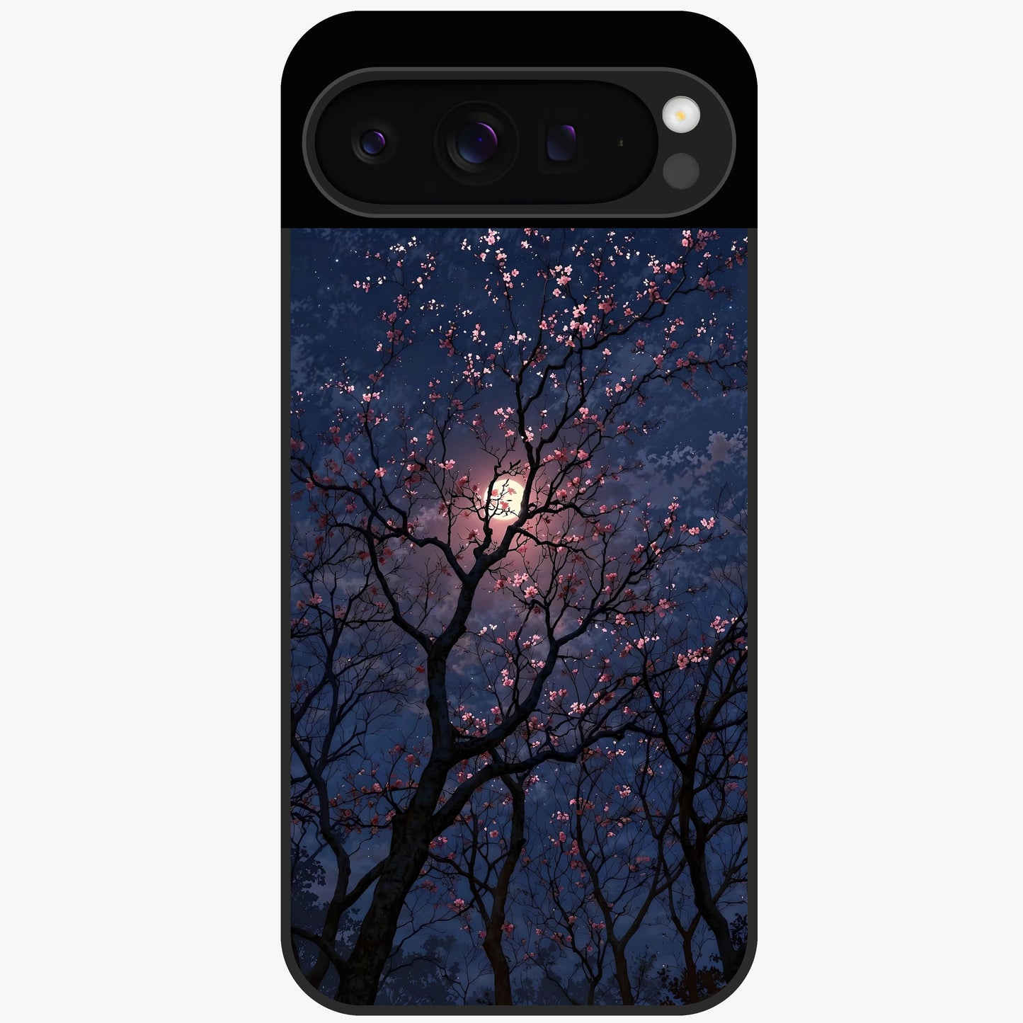Twilight Sakura Serenade Glass Case showing flat back view with cherry blossom artwork at twilight and glossy glass finish.