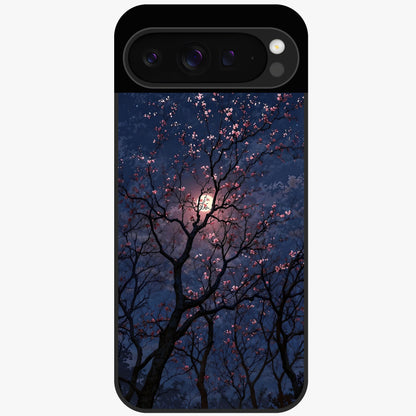 Twilight Sakura Serenade Glass Case showing flat back view with cherry blossom artwork at twilight and glossy glass finish.