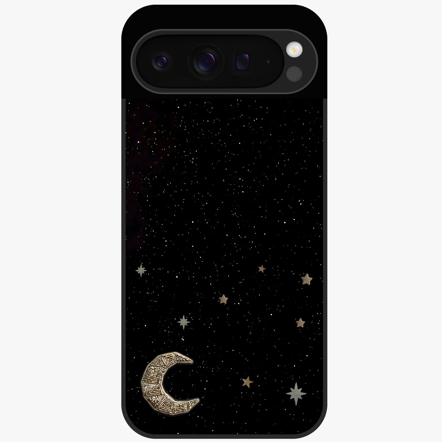 Twinkle Star With Half Moon Glass Case showing flat back view with star and half moon artwork and glossy glass finish.